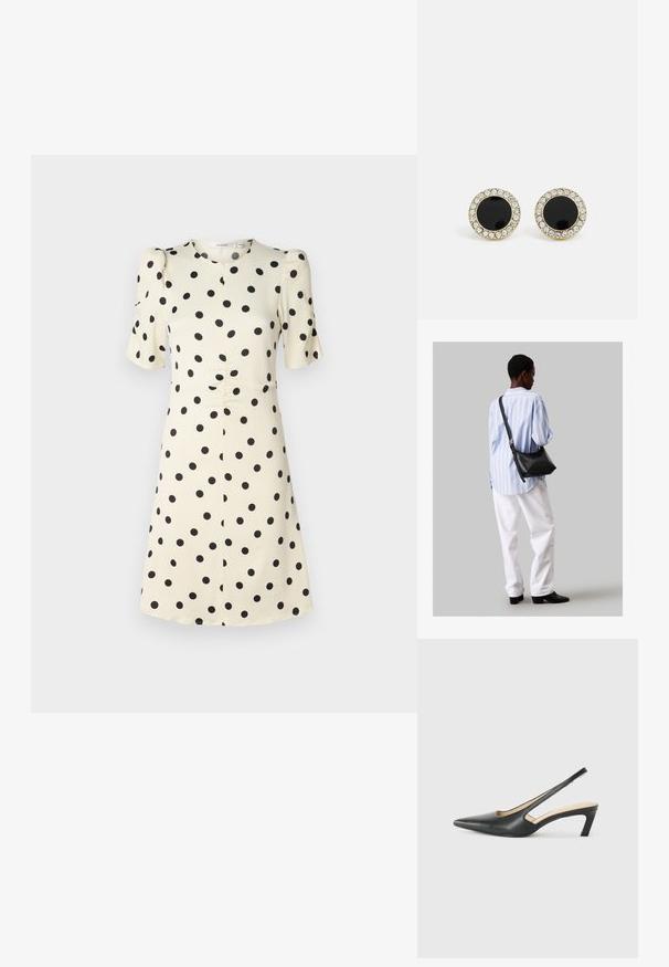 Rövid ujjú ruha krém színű anyagból fekete pöttyökkel, kerek nyakkivágással, kiemelt derékkal és bővülő szoknyával.; Fekete, hegyes orrú, slingback cipő alacsony sarkával, sima bőrből készült, oldalt kivágott deisgnal a légáteresztőképesség érdekében.; Fekete bőr válltáska puha tapintással, háromszög alakú, állítható pánttal, világoskék csíkos inggel és fehér nadrággal párosítva.; DKNY INLAY STUD - Fülbevalók - black/gold-coloured