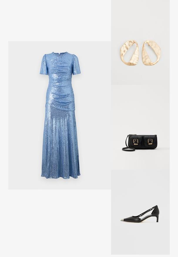 satrasti plavi haljina s tijesnim korzetom, kratkim napuhanim rukavima i lepršavom suknjom. Ima nabore sa strane za dodatnu teksturu.; Crni kožni kitten heel s nazubljenim srebrnim vrhom i dvostrukim remenčićima na bijeloj pozadini.; Crna kožna torba preko ramena s dva prednja džepa, zlatnim kopčama, zatvaranjem na zip i uskim remenom. Teksturirana površina i kompaktan pravokutan oblik.; Par zlatnih metalnih naušnica nepravilnog ovalnog oblika s teksturiranom, blago kovanom površinom na bijeloj pozadini.