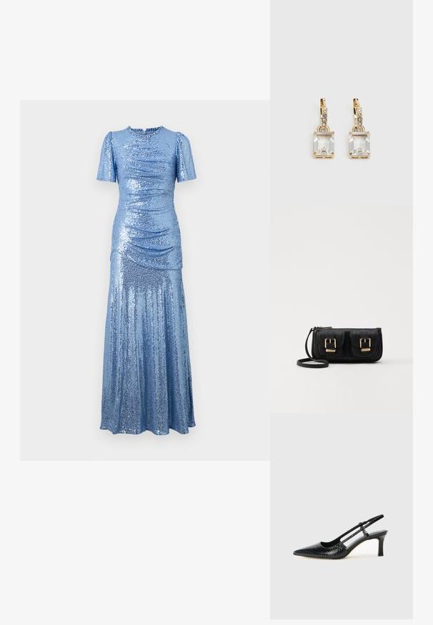 sädeleeritud sinine kleit, millel on sobiv vorm, lühikesed puhvärvid ja voolav seelik. Küljed on volditud, et lisada tekstuuri.; Mustmust paelad, millel on terav varvas, tekstuuriga maduprindiga, reguleeritav rihm ja lühike tekstuuriga plokknina.; Must küllastamata nahast õlakott, millel on kaks esist nähtavat taskut, kuldsed pandlad, tõmblukuga sulgemine ja peen rihm. Tekstuuriga pind ja kompaktne ristkülikukujuline kuju.; Kuldtooni kõrvarõngad, millel on ristkülikukujuline, selge kristall, mis ripub allapoole väikeste ümmarguste selgete aktsentide rida. Viimistletud, kaasaegne disain.