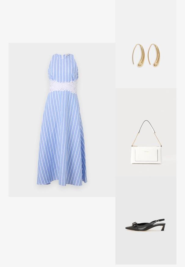 sandro - Sukienka letnia; Czarne skórzane buty typu slingback z ostrym noskiem, małym obcasem i ozdobnym zapięciem na górze. Gładka faktura, minimalistyczny design.; Biała skórzana torebka o teksturowanym wykończeniu, z złotą łańcuszkową rączką i czarnymi akcentami. Zawiera przednią kieszeń oraz zamek błyskawiczny.; Złote metalowe kolczyki w kształcie obręczy o zakrzywionym, wydłużonym kształcie. Posiadają gładką, błyszczącą powierzchnię oraz zaokrąglony koniec dla dodatkowego efektu.