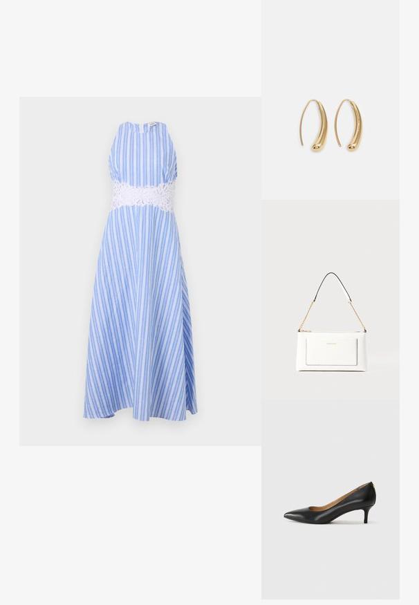 sandro ROBE - Päevakleit - bleu/blanc; Must musta musta, millel on terav nina, madal konts ja sile tekstuur. Omab pisut avatud osa ees ja minimaalset riistvara taga.; Valge nahast kott tekstureeritud viimistlusega, millel on kuldne kettling ja mustad aktsendid. Include eesmine tasku ja tõmblukk.; Kuldtoonilised metallist rõngas kõrvarõngad, millel on kõver ja piklik kuju. Omavad siledat, läikivat pinda ja ümarat tipptugevdust, mis lisab detaili.