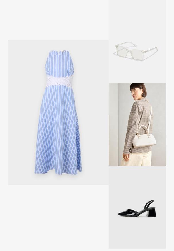 sandro ROBE - Vapaa-ajan mekko - bleu/blanc; Mustat patentoitu nahkakengät, joissa on säären takaosa ja terävä kärki, sekä geometrinen palikkakorko. Sisältää tyylikkään, minimalistisen muotoilun ja sileän pinnan.; Selkeä muovinen neliönmuotoinen kehyslasit, joissa on läpinäkyvät linssit ja kultaset mäntäraudat lisäämään yksityiskohtia.; Valkoinen rakenteellinen käsilaukku, jossa on lyhyet kahvat ja olkahihna, varustettu kultaisilla metalliosilla ja tekstuurilla, esillä harmaata taustaa vasten.