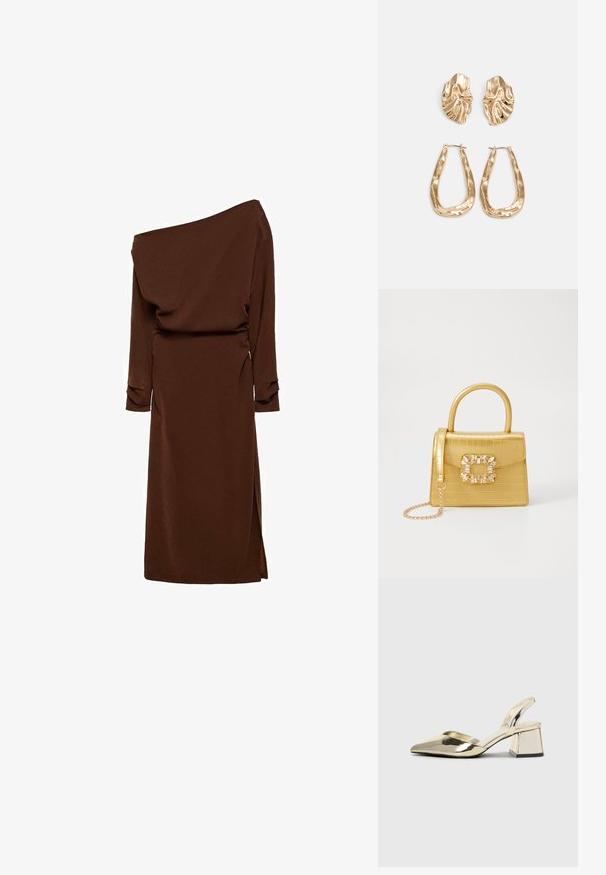 Vestido marrón asimétrico con mangas largas, material drapeado, abertura lateral y acabado texturizado. Silueta elegante con un corte relajado.; Tacones slingback metálicos dorados con punta afilada y tacón grueso. Textura suave, diseño minimalista y una correa estrecha.; Bolso de mano de imitación cocodrilo amarillo con un diseño estructurado, asa superior, correa de cadena desmontable y embellecimiento de cristal decorativo en el cierre.; Pendientes en tono dorado que presentan formas texturizadas y onduladas. Incluyen aros de clip esculturales y un diseño de aro abierto con un acabado martillado.