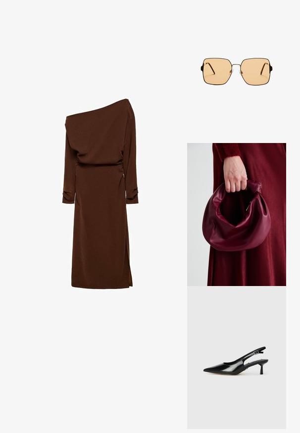 Asimetrična smeđa haljina s dugim rukavima, drapiranom tkaninom, bočnim prorezom i teksturiranim završetkom. Elegantan siluet s opuštenim krojem.; Crne lakirane salonke s otvorenom petom i uskim vrhom, tanjim potpeticama i podesivom kopčom. Glatka tekstura s minimalnim detaljima.; Kvadratne sunčane naočale s smešnim staklima i tankim okvirom od crnog metala. Imaju uglaste tempore i podešive noseče jastučiće za udobnost.; Bordo kožni ruksač s mekim, naboranim dizajnom i zaobljenim oblikom. Ručka je sigurno pričvršćena, pokazujući glatku teksturu.
