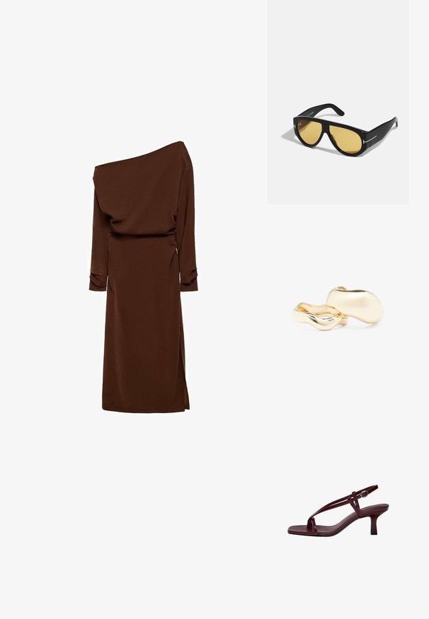 Rochie asimetrică maro cu mâneci lungi, material drapat, slit lateral și finisaj texturat. Siluetă elegantă cu o croială lejeră.; Sandale cu toc înalt burgundy, cu vârf pătrat, curele subțiri și cataramă pentru gleznă. Textură de piele fină și toc subțire, de tip bloc.; Ochelari de soare negri cu un cadru geometric, lentile galbene și accente aurii pe temple. Textură netedă, formă largă, design contemporan.; Cercei de culoare aurie cu o formă organică, asemănătoare unui bob, și o suprafață netedă, reflectantă; prezintă un design minimalist, fără hardware vizibil.