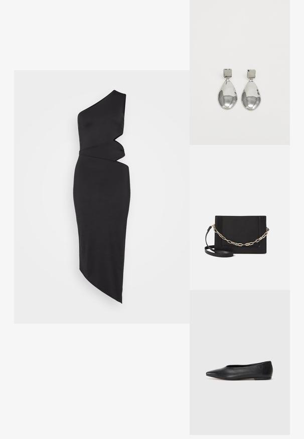 Melna vienvirkšķa kleita, izgatavota no gludas auduma, ar asimetrisku griezumu, drapējuma detaļām un elegantu, piegulošu siluetu.; Melna ādas baleta kurpe, ar norādītu purngalu, minimālisma dizains, gluda tekstūra, zema papēža augstums, bez redzamiem aksesuāriem vai rotājumiem.; Melna ādas crossbody soma ar gludu faktūru, taisnstūrveida formu un metalizētu ķēdes detaļu priekšā. Iekļauta regulējama siksna.; Sudraba pilienu auskari ar kvadrātveida auskariem, ar gludu, pulētu apdari un asaru formu, atstaro gaismu ar spīdīgu virsmu.