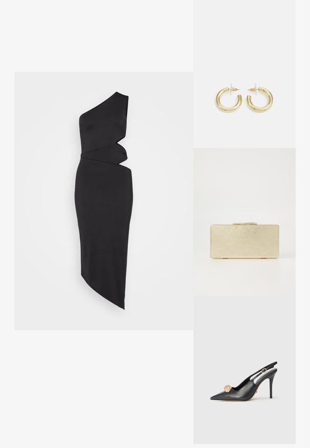 Melna vienvirkšķa kleita, izgatavota no gludas auduma, ar asimetrisku griezumu, drapējuma detaļām un elegantu, piegulošu siluetu.; Melnas ādas sandales ar norādītu purngalu, zelta bumbu akcentu un šauru papēdi. Iespējots izgriezums apkārt potītei.; Zelta naudas maciņš ar gludu metālisku apdari, taisnstūra forma un vienkārša aizdare. Nav redzamu rakstu vai rotājumu.; Zelta auskari ar gludu, spīdīgu apdari. Apaļš dizains, kas ietver mazu tapu un caurspīdīgu pamatni drošai valkāšanai.