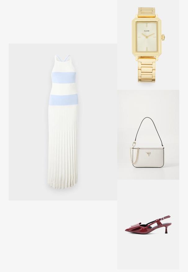 Abito in maglia con righe orizzontali azzurro chiaro e bianco, dotato di un corpetto attillato, gonna plissettata e spalline sottili regolabili.; Slingback con tacco a kitten in vernice rossa, punta affilata e grande dettaglio a fiocco sulla parte superiore su sfondo bianco.; Borsa a mano bianca con texture e bordi neri, dotata di una tracolla in catena dorata, manico a spalla removibile e un accento con logo triangolare.; Orologio da polso rettangolare dorato con design minimalista, caratterizzato da un quadrante crema, lancette dorate e un bracciale a maglie metalliche. Le indicazioni includono il nome del marchio.