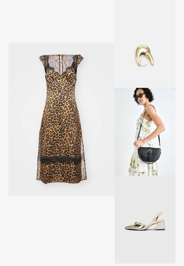 Šaty s leopardím potiskem, s přiléhavou siluetou, krajkovými detaily podél ramen a lemů a jemnou průsvitnou strukturou, v teplých tónech.; Kovové zlaté pantofle na podpatku s špičatou špičkou a masivním podpatkem. Hladký povrch, minimalisticý design a úzký pásek.; Černá kožená kabelka s křivkovým tvarem, odnímatelným popruhem a zlatými detaily. Kabelka má klopu s přezkou.; Náušnice ve zlatém tónu z kovu s elegantním zakřiveným designem. Vyznačují se jedinečným špičatým tvarem, lesklým povrchem a závěsem na kloub.