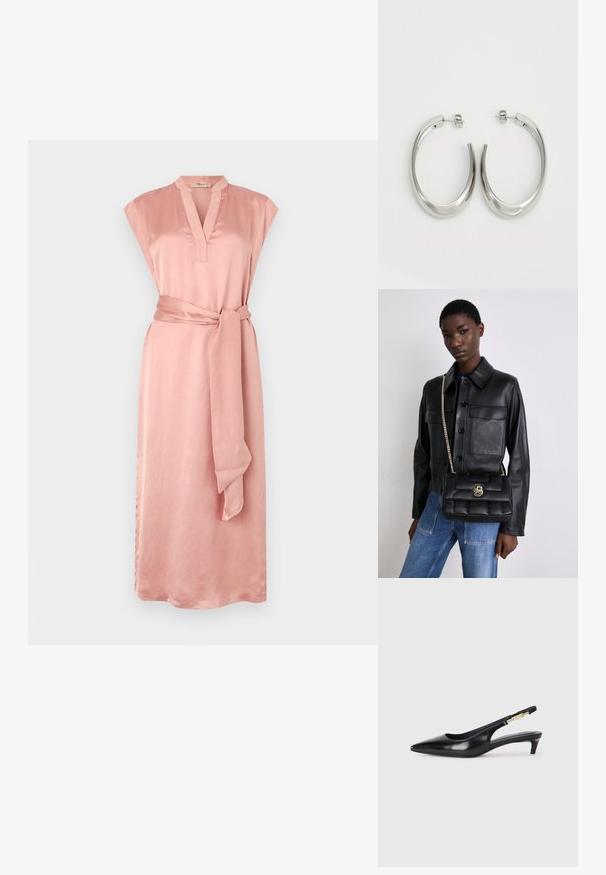 Lys rosa, ermeløs kjole laget av sateng med krage og belte som kan bindes. Har en rett silhuett og faller under kneet.; Sorte lærreim hæler med spiss tå, som har en slank hæl og en gullfarget detalj på den justerbare stroppen. Glatt tekstur.; Svart skinnjakke med knappelukking og to frontlommer, sammen med en svart kviltet håndveske med gullspenne og kjedehank.; Sølvøreringer med en jevn, buet design. Har en blank metallisk finish og en studlås. Ingen synlige mønstre eller aksenter.