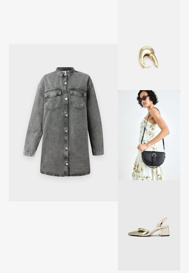 Grå denim skjortekjole med lange ærmer, knaplukning fortil, to brystlommer og rundet kant. Har en subtil falmet tekstur og metaliknapper.; Guld, metalliske slingback-hæle med spids tå og kraftig hæl. Glat tekstur, minimalistisk design og en smal strop.; Sort læderhåndtaske med en buet form, aftagelig rem og guldfinish. Tasken har en klap med en spænde detalje.; Guldtonet metal ørering med et slankt, buet design. Har en karakteristisk spids form, poleret overflade og hængselåbning.