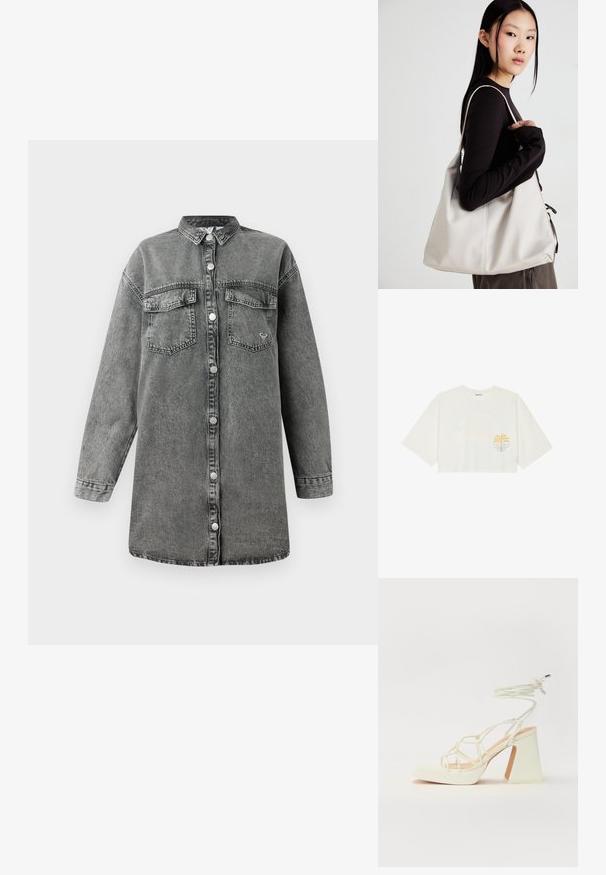 Graues Denim-Kleid mit langen Ärmeln, Knopfleiste, zwei Brusttaschen und abgerundetem Saum. Verfügt über eine dezente, ausgewaschene Textur und metallene Knöpfe.; Zigarrenschnitt weißes T-Shirt aus Baumwolle mit kurzen Ärmeln, das ein gelbes Palmen- und blaues Wellenmotiv auf der linken Brust zeigt.; Weiße High-Heel-Sandale mit einem klobigen Absatz, die über ein Riemchendesign und ein Knöchelband verfügt. Glatte Textur mit einer Plattform vorne für zusätzliche Höhe.; Beige Handtasche aus weichem Material, mit einem lässigen Design, gesteppten Details und zwei Schulterriemen. Geeignet für den täglichen Gebrauch.