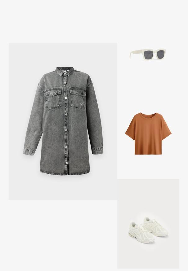 Abito camicia in denim grigio con maniche lunghe, chiusura a bottoni, due tasche sul petto e orlo arrotondato. Presenta una texture leggermente sbiadita e bottoni metallici.; T-shirt a maniche corte, di forma boxy, in colore ruggine. Realizzato in tessuto morbido con un ampio scollo e vestibilità rilassata, con orlo pulito.; Scarpe sportive bianche realizzate in materiali sintetici e in rete, con lacci, colletto imbottito e suola testurizzata per migliorare la grip. Costruzione leggera.; Occhiali da sole bianchi in plastica con lenti grigie. Forma della montatura quadrata. Presentano un logo sottile sul braccio. Texture liscia con finitura opaca.; Borsa a tracolla in pelle marrone con forma curvata, hardware dorato e un dettaglio con fibbia. Presenta una tracolla rimovibile.