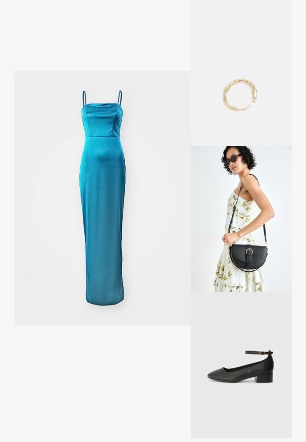 Satin midi suknelė teal spalvos, plonomis spaghetti petnešėlėmis, tiesiu dekolte ir prigludusia siluetu, kuris pereina į šiek tiek platėjantį hemą.; Juodas odinis aukštakulnis batelis su smailiu pirštu ir žemu bloku. Su kulkšnies dirželiu su auksinės spalvos sagtimi. Lygus paviršius.; Juodas odinis krepšys su išlenkta forma, nuimamu dirželiu ir auksiniais detalėmis. Krepšys turi kilpą su sagtimi.; Auksinės spalvos žiedas, turintis organišką, sukimosi dizainą su lygiu paviršiumi ir siaurėjančiais galais, sukuriantis modernią skulptūrinę išvaizdą.