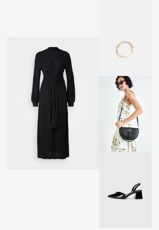 Melna ribota kleita ar garām piedurknēm, augstu kakla izgriezumu un mezglu jostas detaļu. Plūstoša silueta, izgatavota no teksturēta auduma.; Melna lakota āda ar atvērto papēdi, ar smailu purngalu un ģeometrisku blokpapēdi. Iezīmējas elegants, minimāls dizains un gluda tekstūra.; Melnas ādas rokassoma ar izliekta formu, noņemamu siksnu un zelta aksesuāriem. Somai ir vāciņš ar sprādzes detaļu.; Zelta toņa gredzens ar organisku, vērptu dizainu, gludu virsmu un sašaurinātiem galiem, radot mūsdienīgu, skulpturālu izskatu.