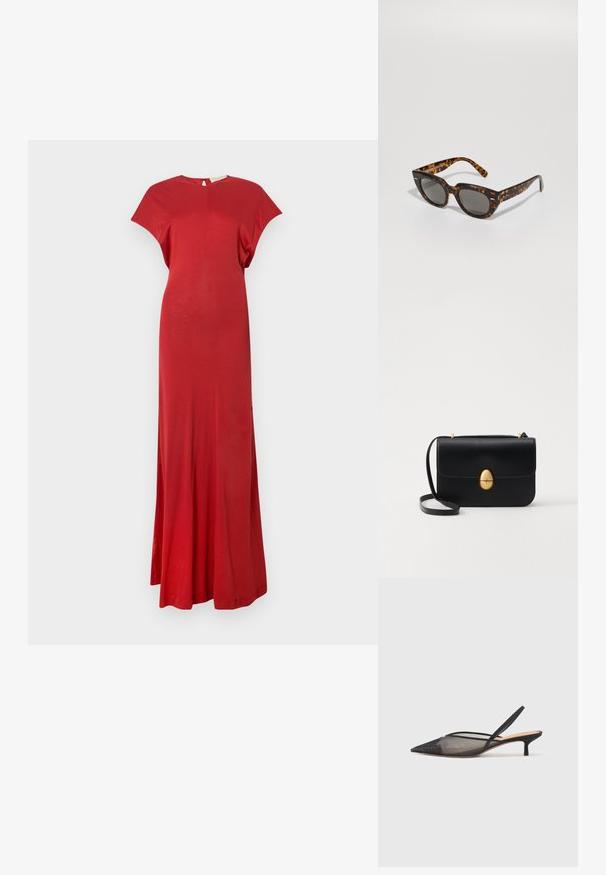 Červené maxi šaty s krátkým rukávem a přiléhavým topem, plynoucí sukní. Hladká textilie, minimalistický design a detaily v oblasti zátylku.; NEOUS IRENA - Klasické lodičky - black; Sluneční brýle s kočičími ušima a šedými skly. Mají úhlové obroučky, lesklý povrch a decentní logo na stranách.; Černá kožená kabelka se strukturovaným obdélníkovým tvarem. Obsahuje zlatou oválnou sponu a tenký ramenní popruh. Hladký povrch.