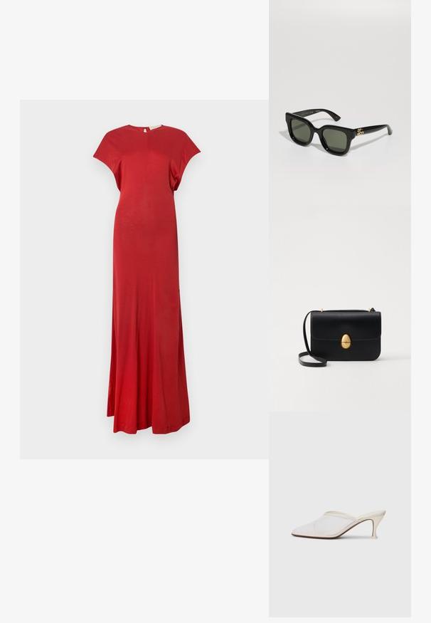 Raudona maksi suknelė su trumpomis rankovėmis, prigludusia viršutine dalimi ir laisvu sijonu. Lygi tekstūra, minimalus dizainas ir skylių detalė nugaroje.; Baltos tinklelio smailiakojės mules su plonu vidutinio aukščio kulnu ir užkulnio dizainu ant vientiso fono.; Juodi stačiakampiai saulės akiniai su tamsiai žaliais objektyvais. turi blizgų plastikinį rėmą ir auksinius akcentus šonuose.; Juodas odinis rankinukas su struktūrine stačiakampio forma. Yra auksinė ovali sagtis ir plona petneša. Glotni tekstūra.