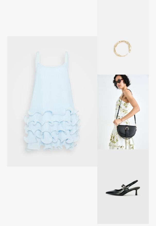 Gaiši zila bezpiedurkņu kleita ar ribotu struktūru, kas piedāvā slāņainus viļņus apakšmalā. Gluda auduma ar vienkāršu kvadrātveida kakla izgriezumu.; Melnas lakotas ādas sūkņa kurpes ar norādītu purngali un mazu bloku papēdi, ar sudraba sprādzi akcentā uz jostas.; Melnas ādas rokassoma ar izliekta formu, noņemamu siksnu un zelta aksesuāriem. Somai ir vāciņš ar sprādzes detaļu.; Zelta toņa gredzens ar organisku, vērptu dizainu, gludu virsmu un sašaurinātiem galiem, radot mūsdienīgu, skulpturālu izskatu.