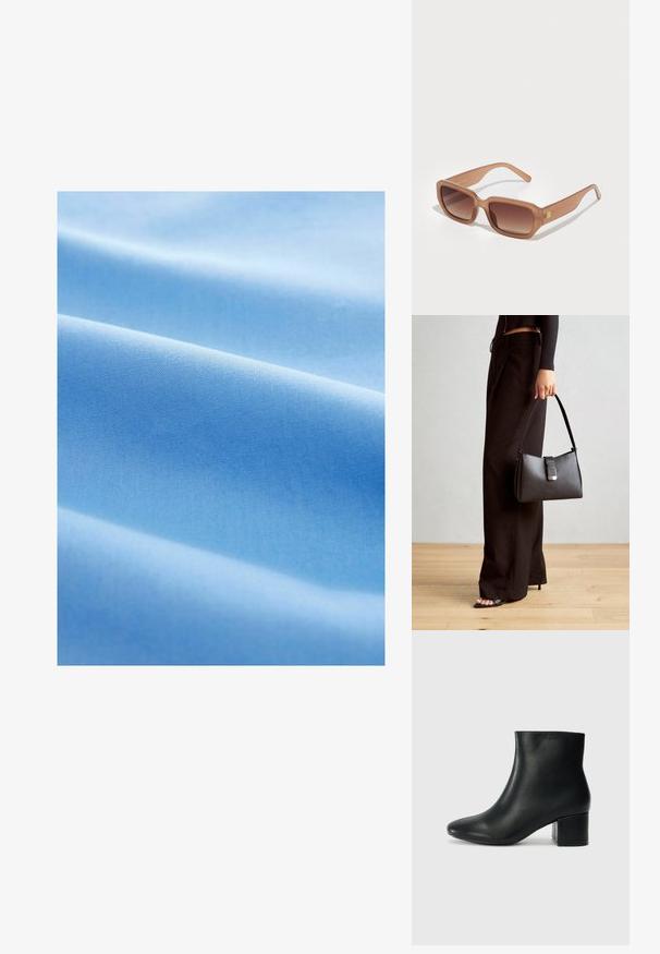 Svijetloplavi materijal s glatkom teksturom, koji ima meke nabore i dosljedan, ravnomjerno tkan uzorak kroz cijelu površinu.; Crne kožne čizme do članaka s uskim vrhom i debelim potplatom. Glatka tekstura s minimalnim detaljima i elegantan, prilagođen dizajn.; Smeđe pravokutne sunčane naočale s gradijentnim lećama, debelim okvirom i detaljem s logotipom sa strane. Glatki plastični materijal, minimalistički dizajn.; Crna torba s oblikom koji sadrži strukturu, glađu teksturu i metalnu kopču. Uparena s širokim crnim hlačama i sandalama na otvorenom s drvenog poda.