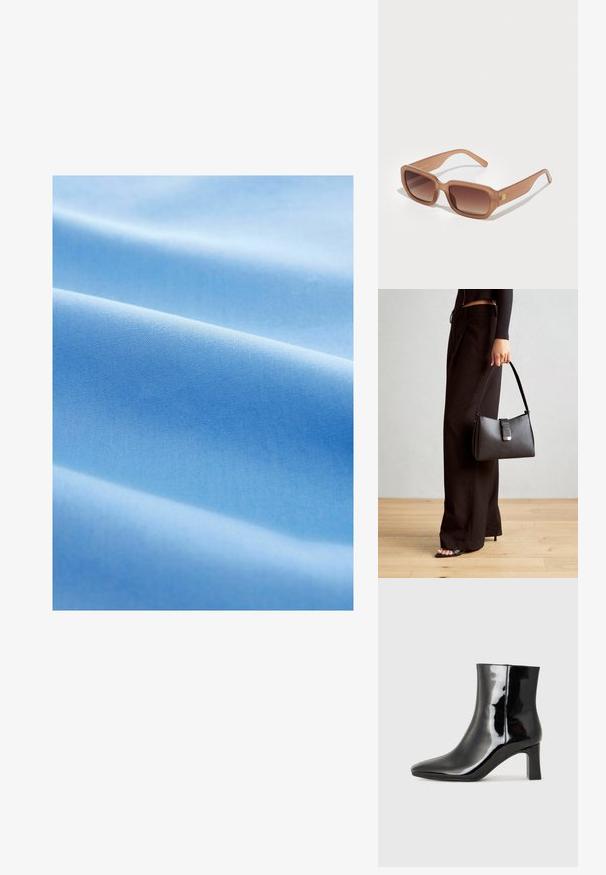 Šviesiai mėlyna medžiaga su lygiu paviršiumi, turinti švelnius raukšles ir vienodą, tolygiai audinį raštą visame paviršiuje.; Juodos lakuotos odinės aulinukės su smailiu pirštu ir vidutinio aukščio blokuotu kulnu. Lygus paviršius ir minimalistinis dizainas.; Rudi stačiakampiai akiniai nuo saulės su gradientiniais lęšiais, storais rėmeliais ir logotipo detale šone. Lygus plastikinis paviršius, minimalus dizainas.; Juodas rankinė struktūrizuota forma, lygi tekstūra ir metalinis užsegimas. Suporuota su plačiomis juodomis kelnėmis ir atvirais bateliais ant medinių grindų.