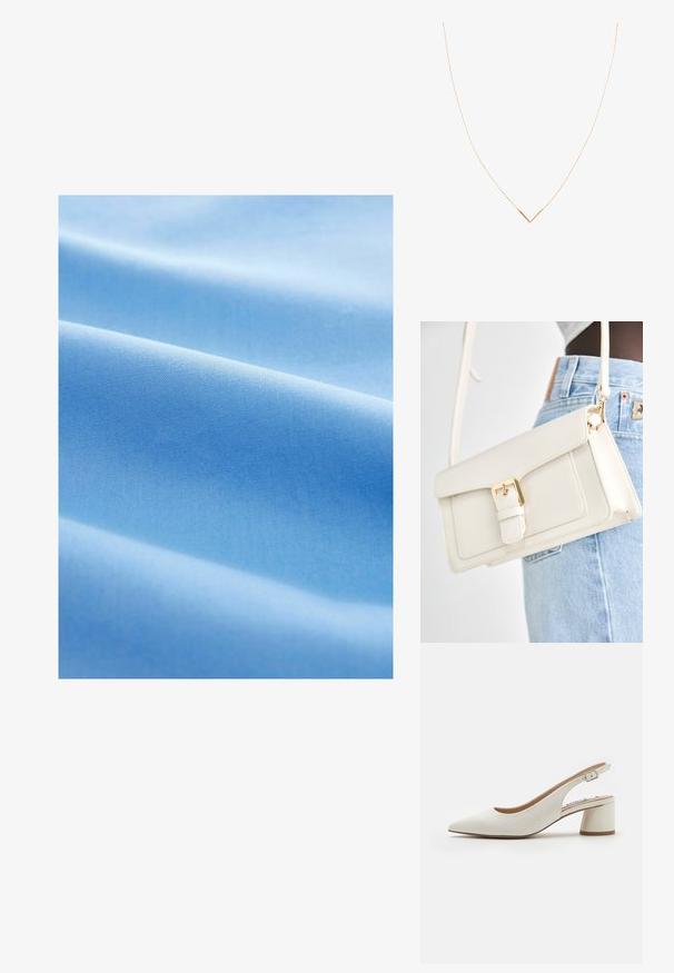 Jasnoniebieski materiał o gładkiej teksturze, z delikatnymi fałdami i jednolitym, równomiernie tkanym wzorem w całej powierzchni.; Białe skórzane czółenka na pielęgnaczce z ostro zakończonym noskiem, średniej wysokości słupkiem i regulowanym paskiem. Gładka faktura; minimalistyczny design.; Biała torebka z faux skórki z klapą, złotymi akcentami oraz odpinanym paskiem na ramię. Wyposażona w zapięcie na klamrę i gładką teksturę.; Złocony naszyjnik z cienkim łańcuszkiem i wisiorkiem w kształcie litery V. Smukły design o gładkim, błyszczącym wykończeniu i minimalnych detalach.