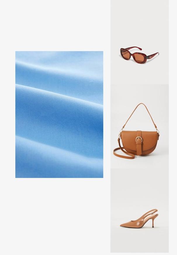 Țesătură de culoare albastru deschis, cu o textură netedă, caracterizată prin pliuri moi și un model uniform, țesut în mod constant pe întreaga suprafață.; Pantofii cu toc slingback, cu vârful ascuțit, dintr-un material tan neted și strălucitor. Prezintă un design cu decupaj curbat și un toc subțire stil stiletto. Detaliu cu cataramă argintie.; Ochelari de soare cu nuanță roșie și cadru rectangular, având lentile maro. Accentuati cu un mic logo aurit pe templul drept.; Geantă din piele maro, tip crossbody, cu o formă curbată, accesorii aurii și un accent cu cataramă. Dispune de un curea de umăr detașabilă.