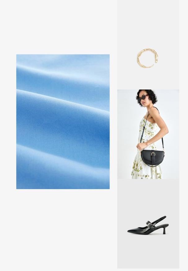 Tissu bleu clair avec une texture lisse, présentant des plis doux et un motif uniforme et régulièrement tissé sur l'ensemble.; Escarpins slingback en cuir verni noir avec un bout pointu et un petit talon bloc, mettant en avant un accent en boucle argentée sur la sangle.; Sac à main en cuir noir avec une forme courbée, bandoulière amovible et des accessoires en or. Le sac est doté d'un rabat avec un détail de boucle.; Bague en or ornée d'un design organique et torsadé, avec une texture lisse et des extrémités effilées, créant une apparence moderne et sculpturale.