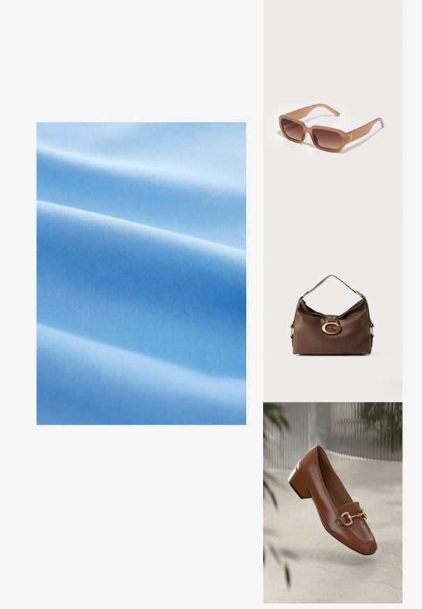 Țesătură de culoare albastru deschis, cu o textură netedă, caracterizată prin pliuri moi și un model uniform, țesut în mod constant pe întreaga suprafață.; Mocasini din piele patent cafenie, cu vârf pătrat, accent cu lanț metalic și toc mic; textură netedă, design minimalist.; Ochelari de soare dreptunghiulari maro cu lentile graduarate, rame groase și un detaliu cu logo pe lateral. Material plastic neted, design minimalist.; Geantă de umăr din piele maro cu un finisaj texturat, având un închizător din metal de culoare aurie și un singur mânere curbat.