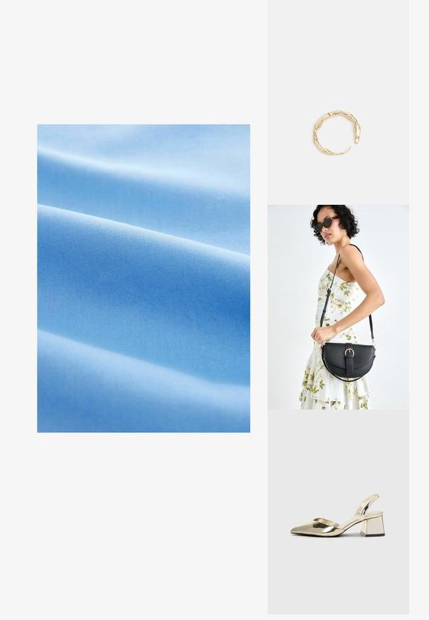 Svjetloplava tkanina s glatkom teksturom, koja ima meke nabore i dosljedan, ravnomjerno tkan uzorak kroz cijelu površinu.; Zlati, kovinski slingback čeveljci z ostrim nosom in masivnim peto. Gladka tekstura, minimalistična zasnova in ozka zanka.; Črna usnjena torbica s ukrivljeno obliko, z odstranljivo naramnico in zlatimi dodatki. Torbica ima pokrov s podrobnostmi v obliki zaponke.; Zlati prstan s organskim, zvitim dizajnom, gladko površino in taperiranimi konci, ki ustvarja modernega, skulpturalnega videza.