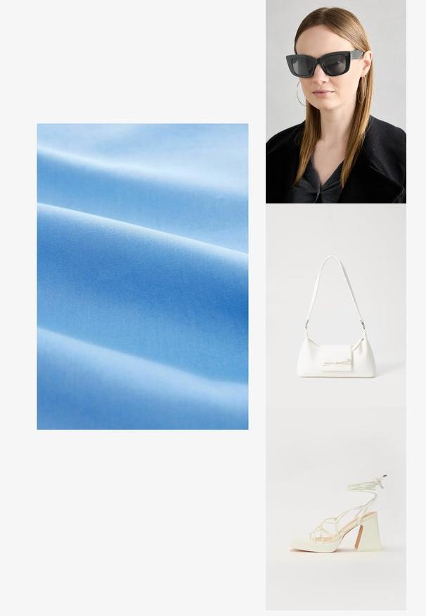 Light blue fabric with a smooth texture, featuring soft folds and a consistent, evenly woven pattern throughout.; White high-heeled sandal with a chunky heel, featuring a strappy design and ankle tie. Smooth texture with a platform front for added height.; Black cat-eye sunglasses with dark lenses, thick frames, and subtle accents. Worn with a black coat and gray top, featuring long straight hair.; White synthetic handbag with a triangular shape, flat front flap and bow detail, adjustable strap, smooth texture, and minimalistic design.