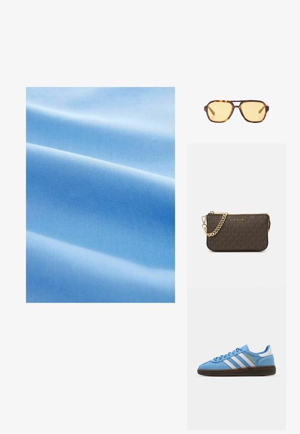 Tissu bleu clair avec une texture lisse, présentant des plis doux et un motif uniforme et régulièrement tissé sur l'ensemble.; Baskets en suède bleu clair avec des rayures en cuir blanc, une semelle texturée marron et un détail de logo doré. Design basse avec un bout rond.; Lunettes de soleil en écaille de tortue avec un design géométrique, verres jaunes et accents en métal sur les tempes. Monture large et texture mate.; Sac en cuir brun à bandoulière avec motif logo, bandoulière en chaîne dorée, fermeture éclair et accents de quincaillerie dorée. Forme compacte et rectangulaire.
