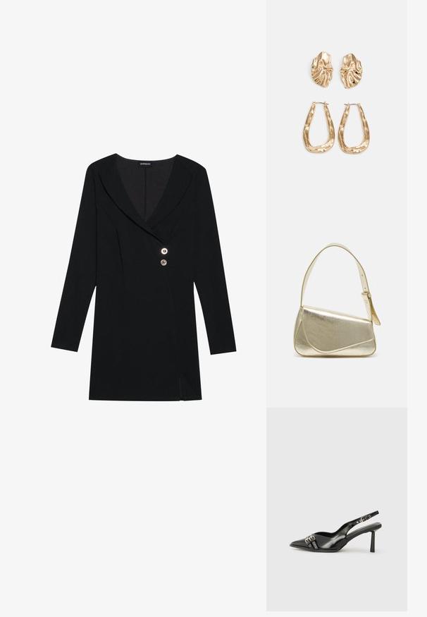 Juoda suknelė su ilgomis rankovėmis, V formos iškirpte ir dvigubu mygtukų uždarymu. Pasižymi šoniniu įpjovimu ir pritaikyta dizainu, siekiant suteikti struktūrinį siluetą.; Juodas lakuotas odinis batelis su smailiu pirštu, kulkšnies dirželiais su sidabrinėmis sagtimis ir detalėmis, bei plonu kulnu.; Aukso metalinės rankinės su struktūrizuotu dizainu, lygaus paviršiaus ir reguliuojama dirželiu. Pasižymi unikaliu trikampiu pavidalu ir minimalizmu siuvinėjime.; Auksinės auskarai, turintys tekstūruotus, bangų formos elementus. Įeina skulptūriniai segami auskarai ir atviri lankai su išmuštu paviršiumi.