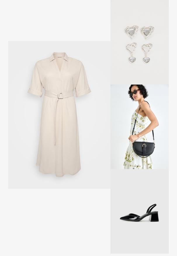 Beige ingruha, gallérral és felhajtott ujjakkal, derékpánttal, köralakú csattal, sima háttér előtt lóg.; Fekete lakk bőr szandálkés magas sarkú cipő, hegyes orral és geometrikus tömbsarkakkal. Karcsú, minimalista dizájn és sima textúra jellemzi.; Fekete bőrtáska ívelt formával, levehető pánttal és arany színű fémrészekkel. A táskán egy csattal díszített fedél található.; Ez az ezüst szív alakú fülbevaló sima, átlátszó kövekkel rendelkezik, texturált kerettel. A készlet stud és csepp stílust is tartalmaz.