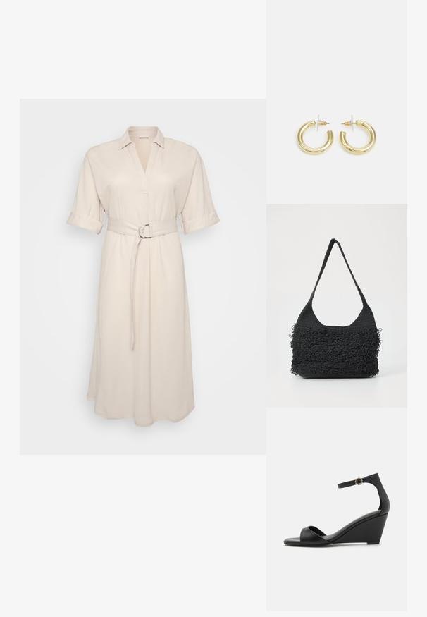 Bežinė marškinių suknelė su apykakle ir suknežintomis rankovėmis, su juosmens diržu su apvaliu užsegimu, kabančios ant vienodos fono.; Juodos pakulnės šlepetės su lygiu, matinio odos viršumi, atvirais pirštais ir lieknu kulkšnies dirželiu su dekoratyvine sagtimi.; Juoda nėrimo rankinė su tekstūruotu banginiu raštu, turinti vieną pintą diržą. Pagaminta iš minkštos, lanksčios medžiagos. Stačiakampio formos.; Aukso auskarai su lygiu, blizgiu paviršiumi. Apvalus dizainas su maža užrakto dalimi ir skaidria atrama saugiam nešiojimui.