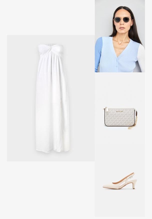 Fehér, pánt nélküli ruha csavart felsőrésszel, redős anyaggal, földig érő kivitelben és finoman texturált részletekkel. Puha, könnyű anyag.; Fehér slingback sarok, hegyes orral, sima felső anyaggal, alacsony blokk sarkával és oldalsó kivágott dizájnnal, állítható csatpánttal.; Kerek napszemüveg sötét lencsékkel és arany kerettel. A modellen világoskék, bordázott kardigán van gombokkal és kontrasztos fehér ujjaival.; Michael Kors bézs bevonatos vászon karkötő, amely ismétlődő MK logó mintával, aranyszínű fémrészletekkel és levehető lánchordóval rendelkezik.