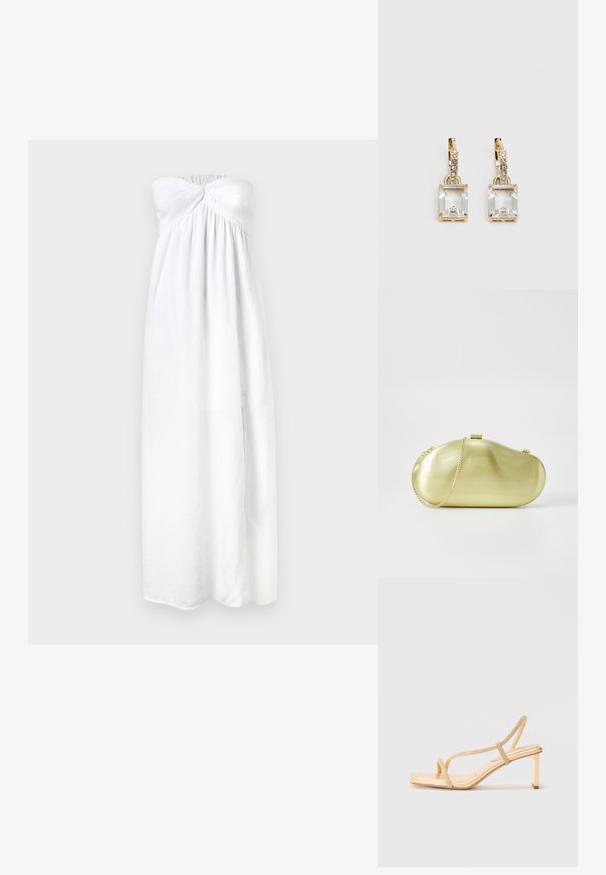 Rochie albă fără bretele, cu un bust răsucit, țesătură plisată, design până la podea și detalii texturate subtile. Material moale, ușor.; Sandale cu toc înalt, aurii, cu curele decorate, design cu vârf pătrat și un toc subțire pentru stabilitate.; Plică metalică de culoare aurie, cu o formă rotundă și alungită, care prezintă o curea de lanț și un sistem de închidere cu clips. Textură netedă și reflectorizantă.; Cercei aurii care prezintă un cristal clar, rectangular, suspendat sub un rând de accente mici, rotunde, clare. Design elegant și modern.