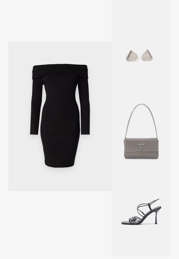 Abito nero a coste con spalle scoperte, maniche lunghe e silhouette aderente, caratterizzato da un tessuto strutturato e un orlo dritto.; Sandali neri con tacco alto presentano sottili cinturini con design annodato, una punta quadrata liscia e un elegante tacco a spillo.; Borsa a mano metallica grigia chiara con tracolla a catena, impreziosita da piccoli chiodi metallici circolari e da un logo triangolare del marchio.; Orecchini in metallo argentato con forma a goccia liscia e finitura lucida. Incisioni sottili aggiungono dettagli. Design minimalista.