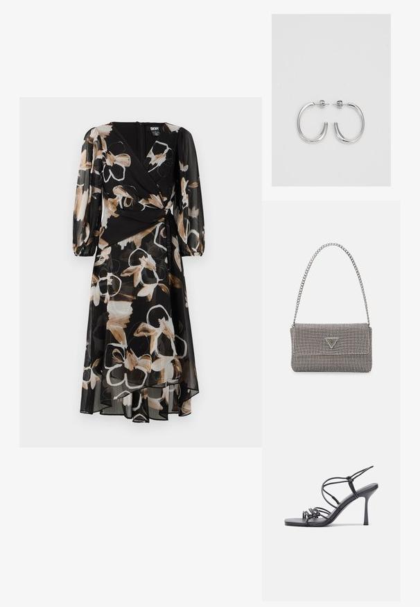 Vestido negro de flores con mangas largas de tela transparente, que presenta un diseño envolvente y un tejido texturizado. Acentos en beige y blanco en el patrón floral.; Las sandalias negras de tacón alto presentan finas correas con un diseño anudado, una punta cuadrada suave y un elegante tacón de aguja.; Bolso de mano metálico gris claro con una cadena como asa, adornado con pequeños remaches metálicos circulares y un logotipo de marca en forma triangular.; Aros de plata en forma de aro con un acabado liso y brillante. Diseño redondeado y ligero, con cierre de tipo post-back.