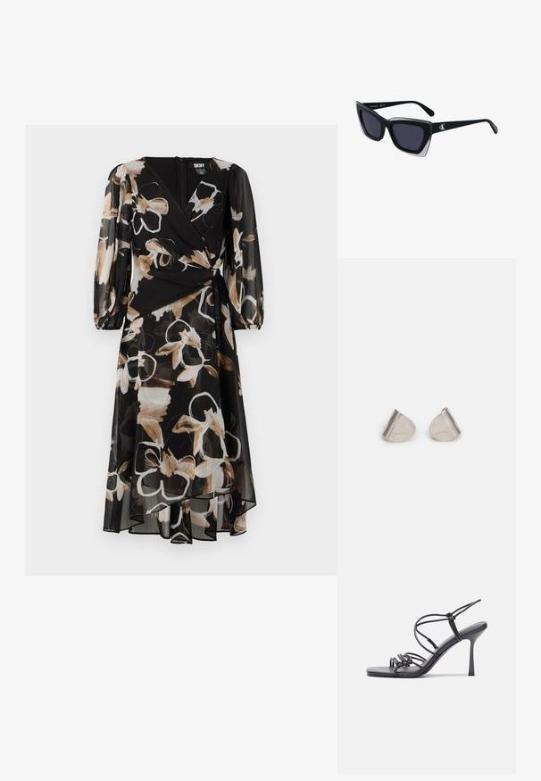 Rochie florală neagră cu mâneci lungi din material transparent, având un design înfășurat și țesătură texturată. Accente de bej și alb în modelul floral.; Sandale negre cu toc înalt au curele subțiri cu un design legat, un vârf pătrat neted și un toc stiletto elegant.; Ochelari de soare supradimensionați, negri, cu o formă geometrică, având lentile întunecate și un detaliu gri contrastant pe ramă. Logo pe braț.; Cercei din metal argintiu cu o formă netedă, în formă de lacrimă și un finisaj lucios. Gravuri subtile adaugă detalii. Design minimalist.