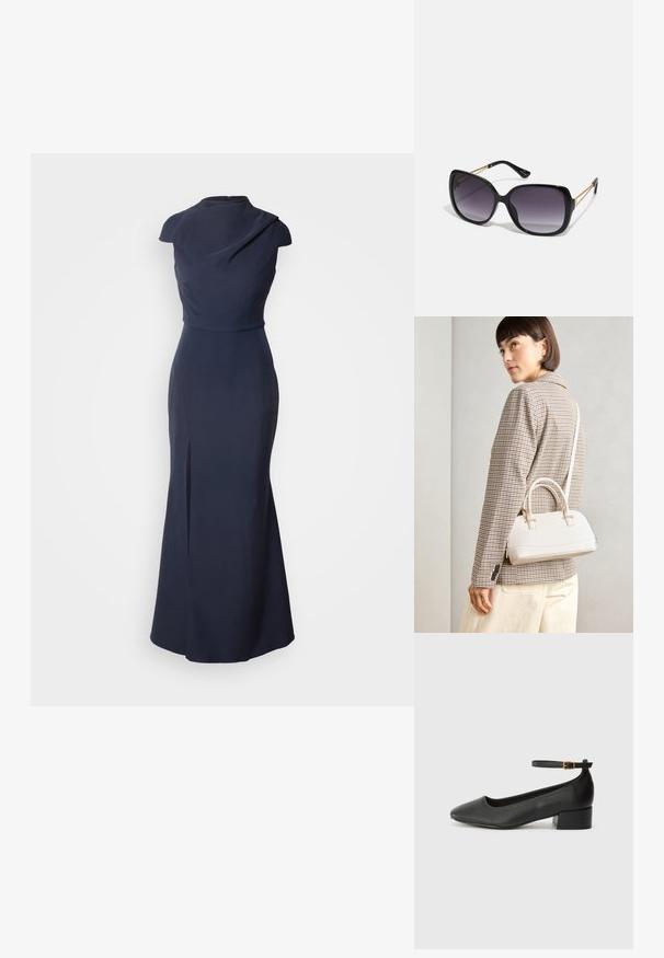 Námornícky modré večerné šaty s priliehavým korzetom, krátkymi rukávmi, drapériou na výstrihu a bočným rozparkom. Vyrobené z hladkej látky s dĺžkou po zem.; Čierne kožené lodičky s špicatou špičkou a nízkym blokovým podpätkom. Obsahuje remienok okolo členka so zlatým prackou. Hladký povrch.; Čierne oversized slnečné okuliare s gradientovými sklíčkami, hrubými rámami a zlatým retiazkovým detailom na stranách.; Biela štruktúrovaná kabelka s krátkymi rúčkami a ramenným popruhom, s zlatými kovovými prvkami a textúrovaným materiálom, vystavená na šedom pozadí.