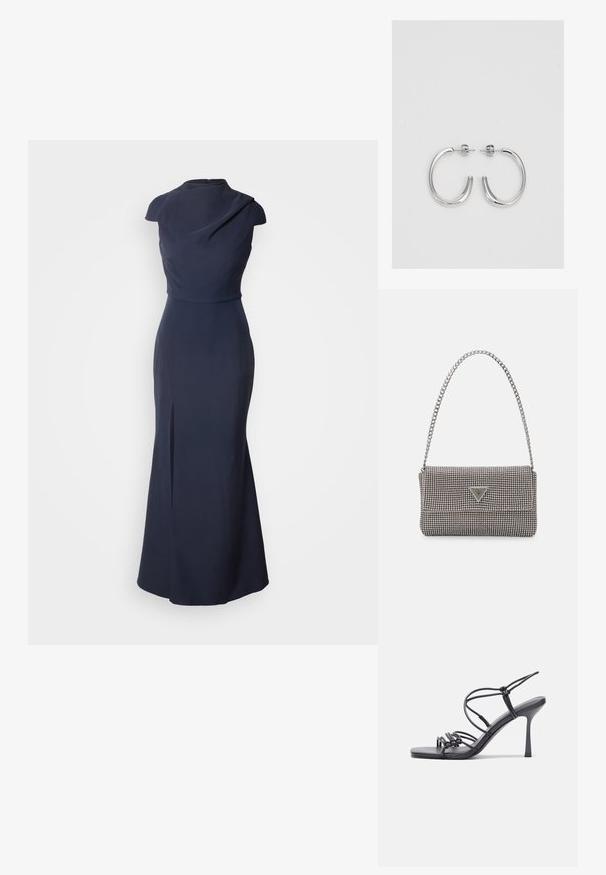 Navy blue evening gown with a fitted bodice, cap sleeves, draped neckline, and a side slit. Made of smooth fabric with a floor-length design.; Black high-heeled sandals feature thin straps with a knotted design, a smooth square toe, and a sleek stiletto heel.; Light gray metallic handbag featuring a chain strap, embellished with small circular metallic studs and a triangular brand logo.; Silver hoop earrings with a smooth, shiny surface, featuring a curved shape and post-back closure. Minimalist design with a modern finish.