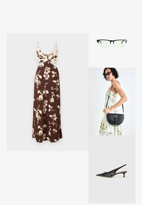 Ruskea kukkakuosis maxi-mekko, jossa on kerma värinen yläosa, jossa on kiertoyksityiskohta ja ohuet hihnat. Sujuvaa kangasta, jossa on virtaava siluetti ja kukkakuviot.; Musta patenttina nahkaa oleva slingback-korokepohja, jossa on kapea kärki ja hoikka keskikorkea korko. Sujuva pinta ja minimaalinen muotoiluelementti.; Mustat suorakulmaiset silmälasit, joissa on kirkkaat linssit ja tyylikkäät mustat kehykset sekä harmaat läpinäkyvät saranat. Minimalistinen muotoilu, ilman näkyvää brändäystä.; Musta nahkainen käsilaukku, joka on kaareva muotoilultaan, irrotettavalla hihnalla ja kultaisilla yksityiskohdilla. Laukussa on läppä, jossa on solk yksityiskohta.