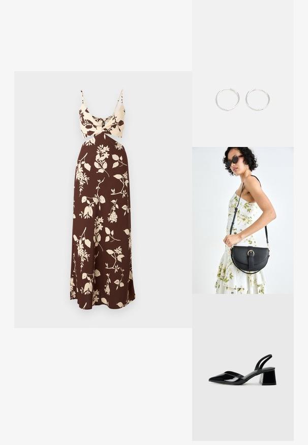 Bruine bloemen maxi-jurk met een crèmekleurige top die een twistdetail en dunne bandjes heeft. Glad materiaal met een vloeiende silhouet en bloemenpatronen.; Zwarte gepatineerde leren slingback hakken met een spitse neus en een geometrische blokhak. Kenmerkt zich door een slank, minimalistisch ontwerp en een gladde textuur.; Zwarte leren handtas met een gebogen vorm, afneembare schouderband en gouden hardware. De tas heeft een klep met een gespsluiting.; Zilveren ronde oorbellen met een strak ontwerp, voorzien van een glad oppervlak en zonder zichtbare versieringen. Diameter niet opgegeven.