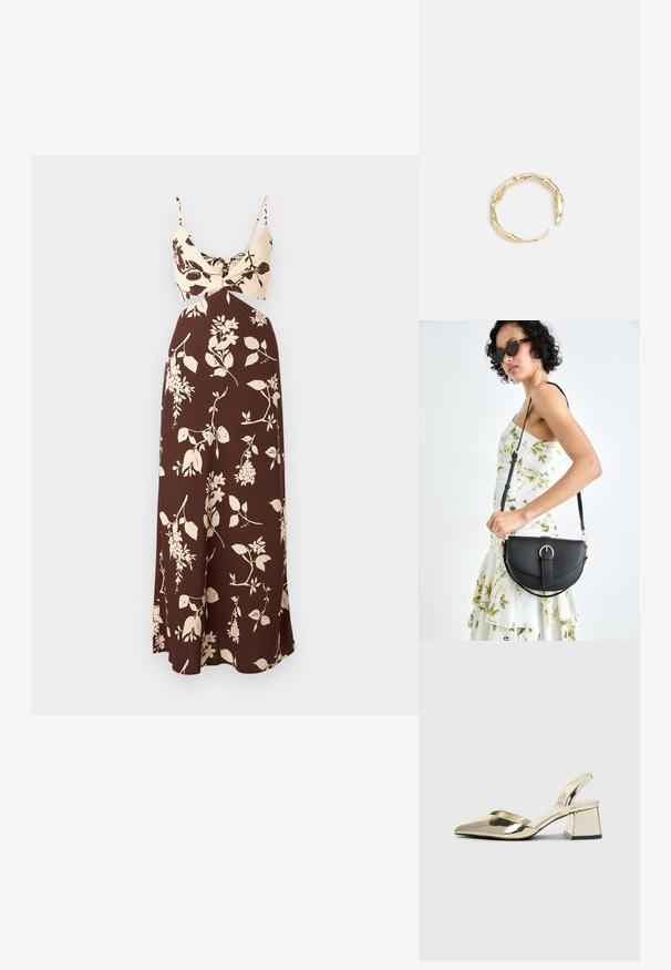 Pruun lilleline maksimekauto, millel on kreemjas ülaosa, millel on keerutamisdetail ja õhukesed rihmad. Sile kangas voogava silueti ja lillemusteriga.; Kuldne, metallilised slingback-kudumid terava varba ja paksu kontsaga. Sile tekstuur, minimalistlik disain ja kitsas rihm.; Mustmust mustraha kõverate joontega, eemaldatava rihmaga ja kuldsete detailidega. Kotil on klapp, millel on pandladetail.; Kuldtoonis sõrmus, millel on orgaaniline, keerdunud disain sileda tekstuuri ja kitsenevate otstega, luues kaasaegse skulptuurilise välimuse.