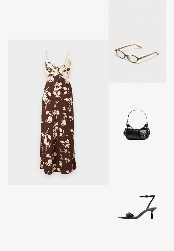 Barna virágmintás maxi ruha krémszínű felsőrészre, amelyen csavart részlet és vékony pántok találhatók. Simma szövet, amely folyékony sziluettet ad és virágmintákkal díszített.; Bershka Magas sarkú szandálok - black; Barna teknős páncélmintás szemüveg, ovális lencsékkel, vékony szárakkal és átlátszó részletekkel. A templomon diszkrét logó található. Elegáns, könnyű dizájn.; Fekete lakkbőr kézitáska ívelt formával, egy vállpánttal, elülső zsebekkel és ezüstszínű fémrészletekkel.
