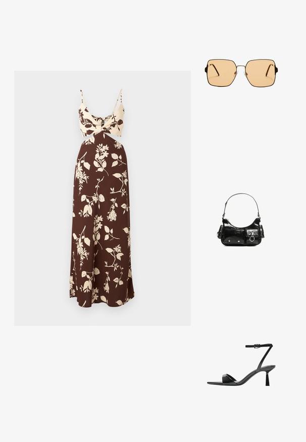 Brązowa sukienka maxi w kwiaty z kremowym topem z detalem w formie skrętu i cienkimi ramiączkami. Gładki materiał z płynącą sylwetką i kwiatowymi wzorami.; Bershka - Sandały na obcasie; Kwadratowe okulary przeciwsłoneczne z brązowymi soczewkami i cienką, czarną metalową oprawą. Posiadają skośne zauszniki i regulowane noski dla większego komfortu.; Czarna torebka z lakierowanej skóry o zaokrąglonym kształcie, z jednym paskiem na ramię, przednimi kieszeniami i akcentami w kolorze srebrnym.
