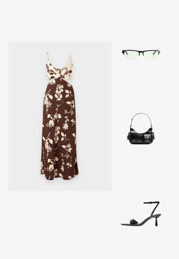 Rochie maxi floral maronie cu un top crem, având un detaliu răsucit și curele subțiri. Țesătură netedă cu o siluetă fluidă și motive florale.; Bershka Sandale cu toc - black; Ochelari de vedere rectangulari negri, cu lentile clare, având rame negre elegante și vârfuri de brad transparente gri. Design minimalist, fără marcaje vizibile.; Geantă de mână din piele lăcuită neagră, cu o formă curbată, un umăr, buzunare frontale și accente din metal argintiu.