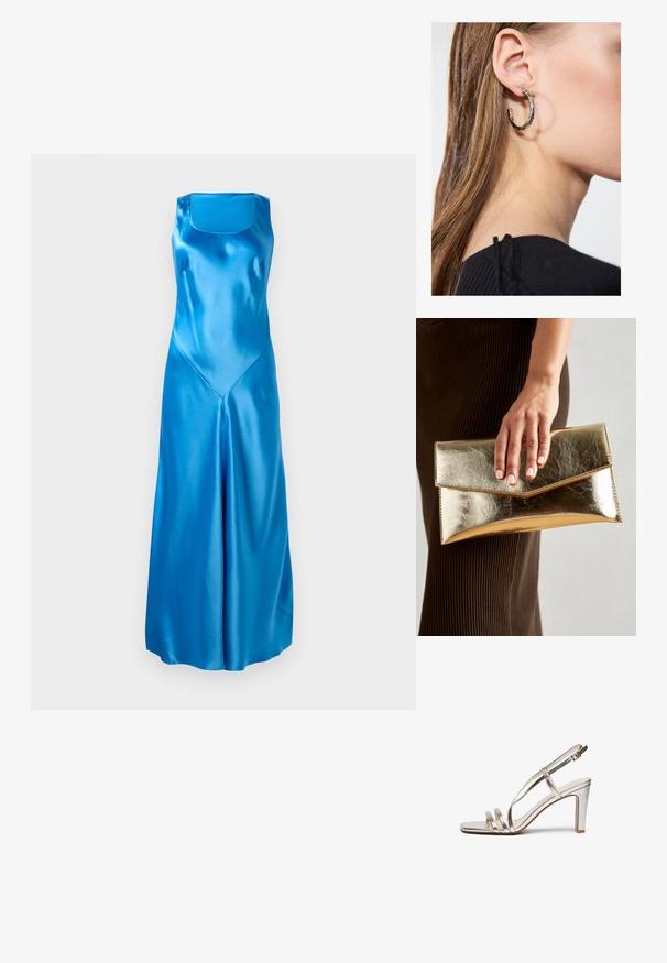 Szaténkék ruha négyzet alakú kivágással, ujjatlan fazonnal és laza sziluettel. Finom fényességgel és V-alakú varrás részletekkel rendelkezik.; Fémes ezüst színű magassarkú szandál nyitott orral, három vékony pánttal a lábfejen és egy csatfüles bokapánttal.; Arany fémes clutch táska sima textúrával, háromszög alakú csattal. A kéz, amely tartja, szépen manikűrözött körmökkel rendelkezik.; Ez egy ezüst fülbevaló, sima felülettel, amelyen apró arany díszítőelemek találhatók. Kerek formájú és a fülcimpán viselik.