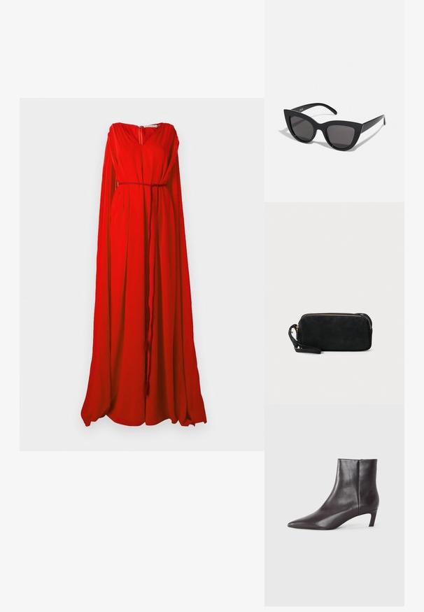 Abito rosso con scollatura a V, maniche lunghe e fluttuanti, e vita asciugata. Realizzato in tessuto leggero, presenta una zip sulla schiena.; Stivale in pelle nera alla caviglia con punta affilata e tacco kitten basso, finitura liscia, zip laterale, mostrato su uno sfondo neutro.; Occhiali da sole neri a forma di occhio di gatto con finitura opaca, dotati di lenti grigie, angoli acuti e stanghette slanciate. Nome del marchio visibile all'interno della stanghetta.; Borsa a pochette nera in suede con chiusura a zip e tracolla rimovibile. Presenta hardware in tonalità oro e una texture liscia e opaca.