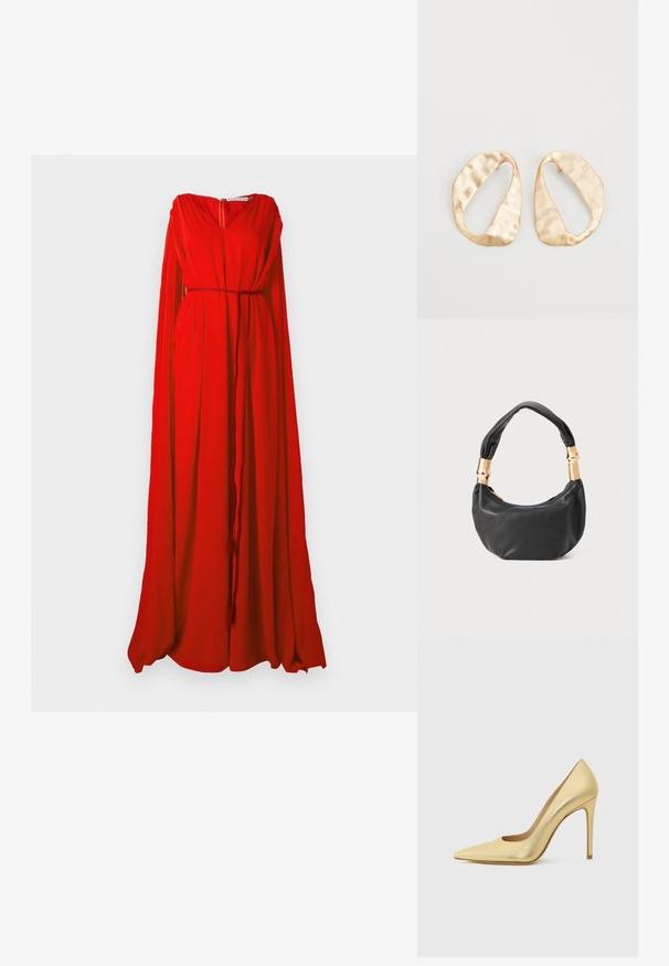 Rotes Kleid mit V-Ausschnitt, langen fließenden Ärmeln und einer taillierten Taille. Aus leichtem Stoff gefertigt, mit einem Reißverschluss im Rücken.; Goldfarbene, metallisch schimmernde, spitz zulaufende High Heel-Schuhe mit Stilettofers. Von der Seite auf einem schlichten hellen Hintergrund gezeigt.; Schwarze Lederhandtasche mit runder Form, weicher Textur und einem geknoteten Griff mit goldfarbenen Hardware-Akzenten. Reißverschlussverschluss.; Ein Paar unregelmäßige, oval geformte Ohrringe aus goldfarbenem Metall mit einer strukturierten, leicht gehämmerten Oberfläche auf weißem Hintergrund.